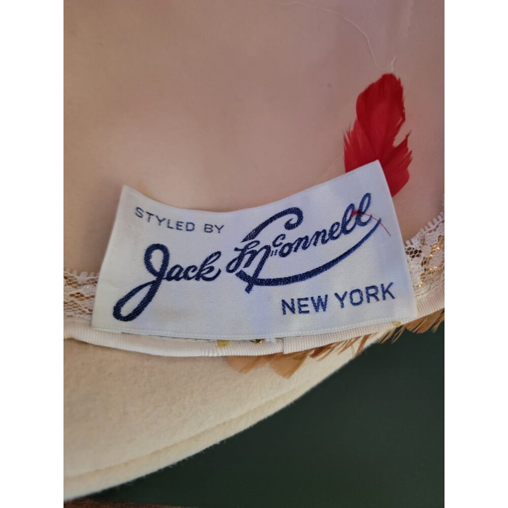 Vintage Cream Wool Derby Hat w/ Feather Embellishments By Jack McConnell  21" - Picture 6 of 6